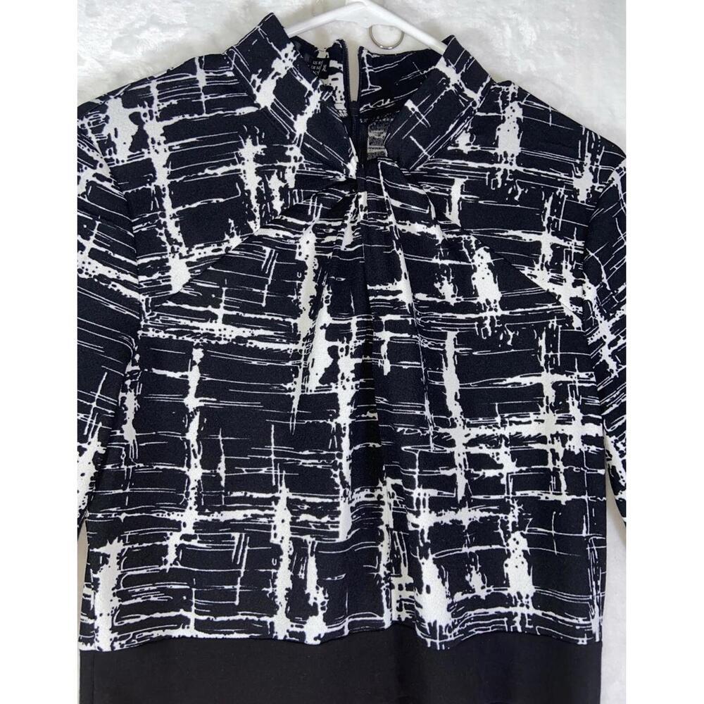 HOMEYEE Womens 10 Mini Dress A line Single Black Stretch 3/4 Sleeve EUC Abstract - Picture 2 of 7